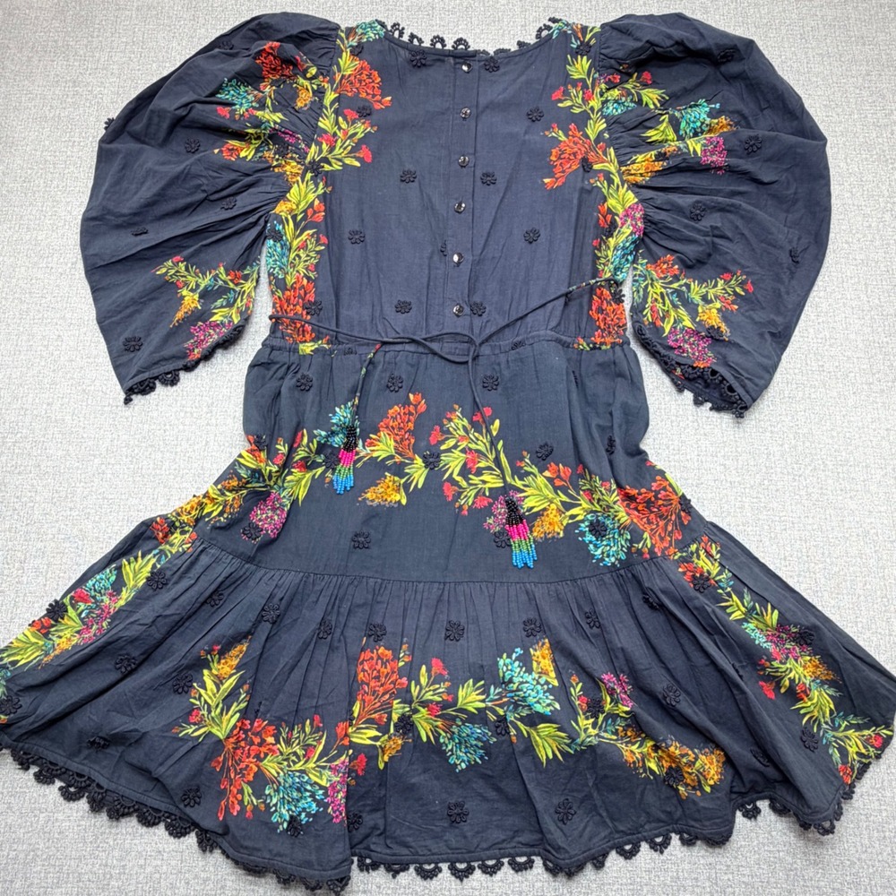FARM Rio Louise Floral Black Mini Dress Womens Small Puff Sleeve Boho NWT $260